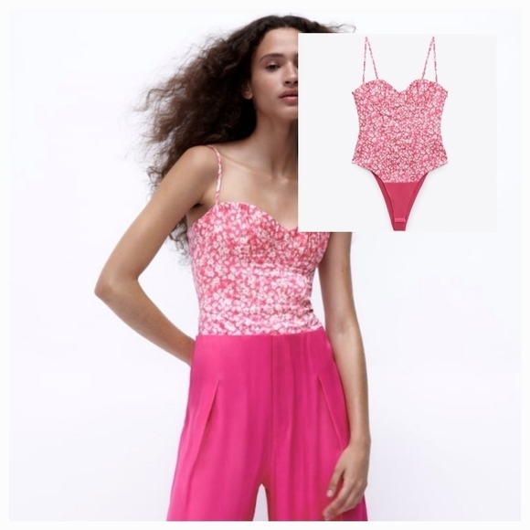 Pink Zara Flowered Print Corset Style Bodysuit - Picture 1 of 7